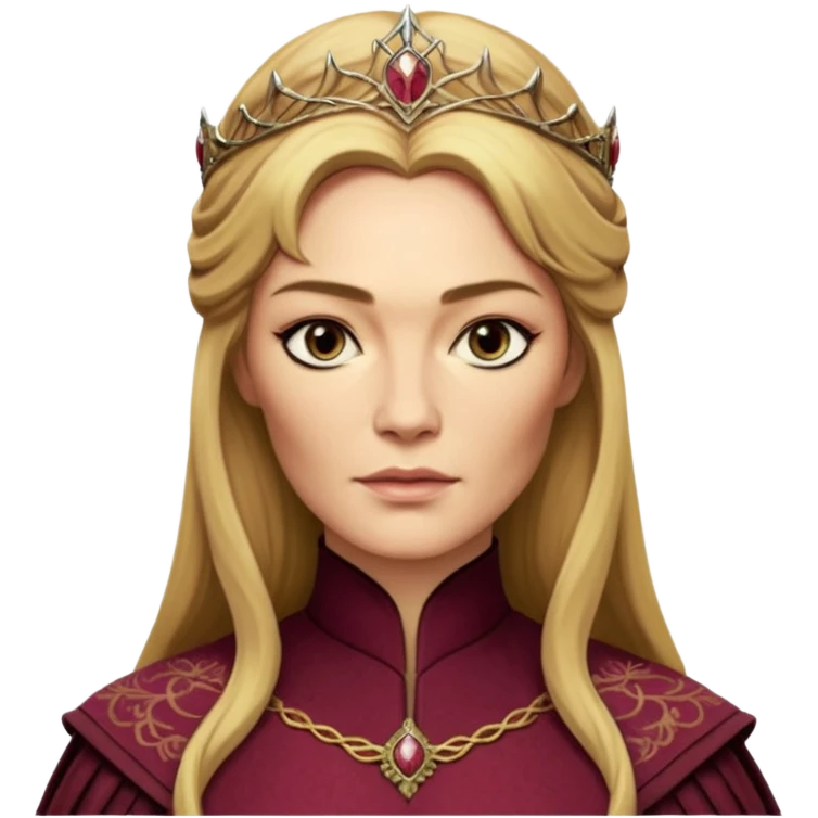 Cinematic Realistic Cersei Lannister Portrait, depicted with lifelike skin texture, subtle rosy undertones, and soft natural lighting that enhances the gentle contours of her face. Her intricately detailed golden blonde hair is elegantly styled , emoji