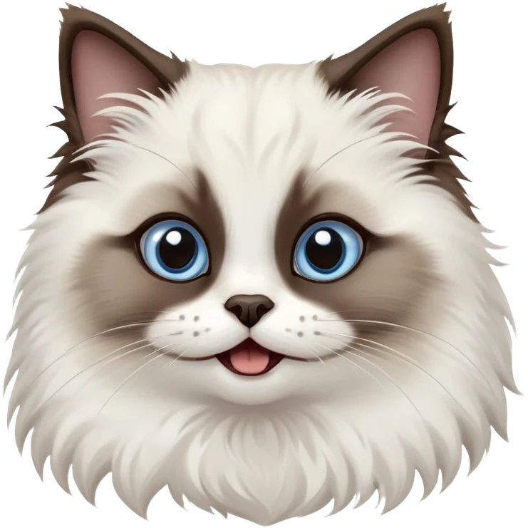 cinematic-adorable-big-eyed-fluffy-dark brown and white seal ragdoll-cat-portrait-emoji,-head-tilted-playfully-with-a-cute,-yawn,-soft-brown pointed seal-and white-colored-fur-with-darker-points-on-the-ears,-simplified-yet-irresistibly-cute-features, sparkling blue eyes emoji