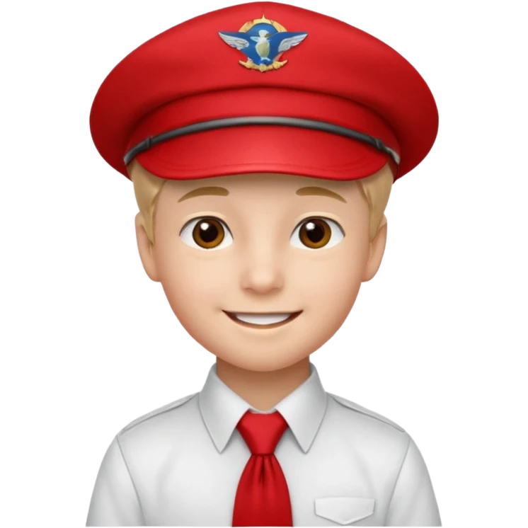 A Soviet pioneer emoji — smiling young boy wearing a white shirt with a bright red pioneer necktie and a classic red pilotka cap. The pilotka cap should fit closely to the head, without brims or side flaps, slightly folded at the top. not a cowboy hat. Flat, smooth 3D shading emoji