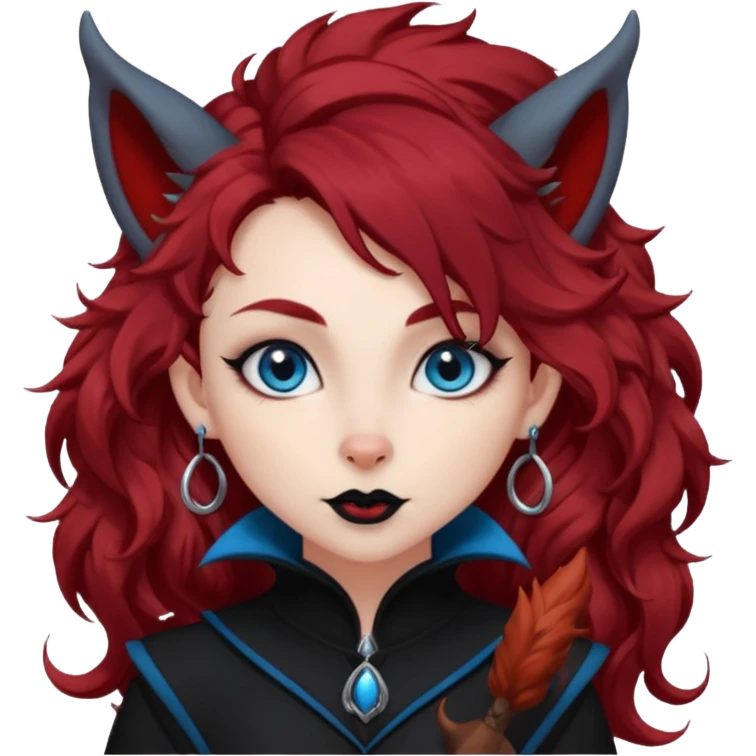  long curly red hair (darker), red pointed ears with black trim, black goth outfits, body and face human, blue eyes, more pointy chin, black lipstick, one big fluffy red squirrel tail with black tips, like the attached photo with more outfits and poses,  emoji