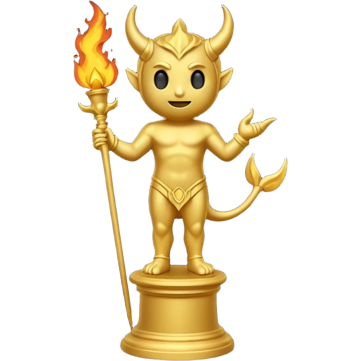 Minimalist emoji-style sticker of a full-body Oscar-like statue, completely gold, with small devil horns on the head and a pointed tail subtly wrapping around the leg. The statue stands on a dark pedestal surrounded by faint fire or smoke.  emoji