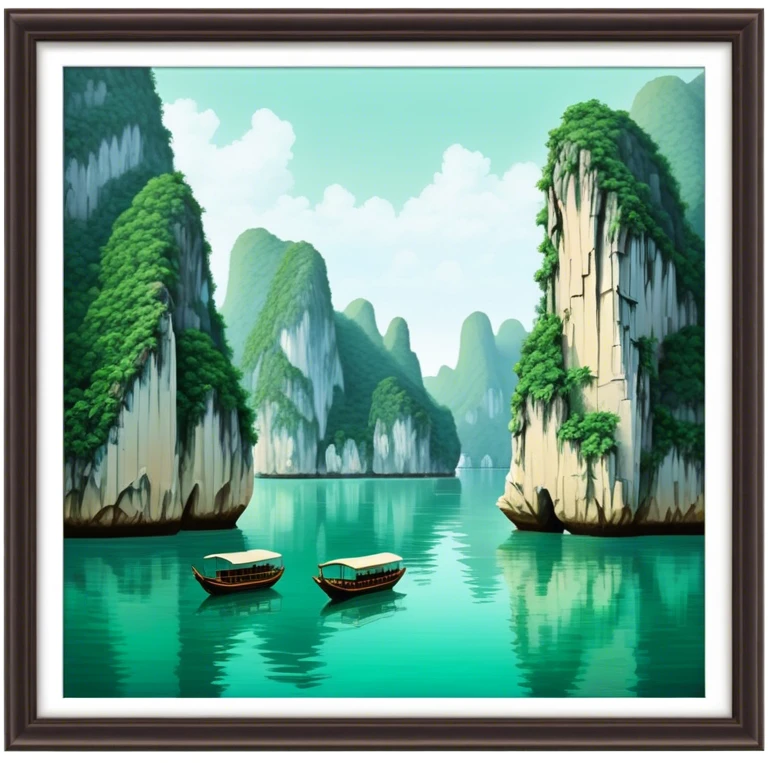 Cinematic Realistic Ha Long Bay Landscape Emoji, depicted with limestone karsts emerging from emerald waters rendered with intricate detail and dynamic natural lighting. emoji