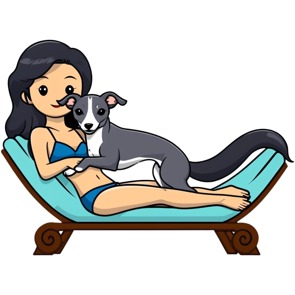 Very thin Chinese woman with long black hair relaxing on a spa lounger with exactly ONE Italian greyhound. CRITICAL REQUIREMENT: the dog must be ONE SOLID VERY DARK CHARCOAL GREY (almost black-grey) COLOR from nose to tail with NO WHITE or LIGHT AREAS anywhere - NO white face, NO white muzzle, NO white chest, NO white paws, NO white tail tip - NOTHING BUT A SINGLE SHADE OF VERY DARK GREY throughout the entire animal emoji
