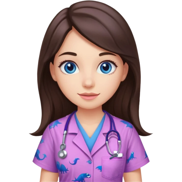 pretty brunette nurse with long hair and blue eyes in pink and purple dinosaur pattern scrubs emoji
