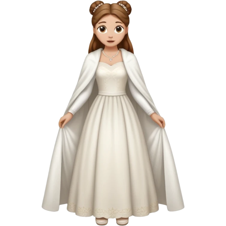 Cuerpo entero, chica blanca, pelo castaño, pelo recogido con mondongos, vestido novia largo que no se vean los pies con chal invierno corto,cuerpo entero zapatos emoji