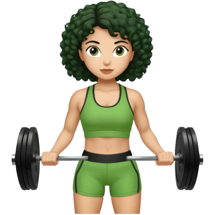 woman with olive skin and curly black hair wearing a green workout outfit (shorts) and lifting weights emoji