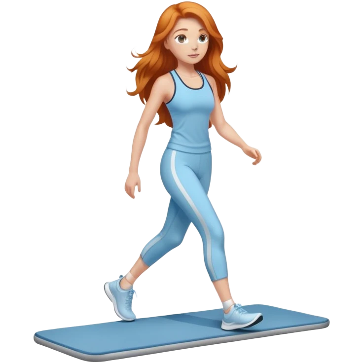 Gorgeous Ginger girl long hair walking on walking pad light blue gym outfit emoji