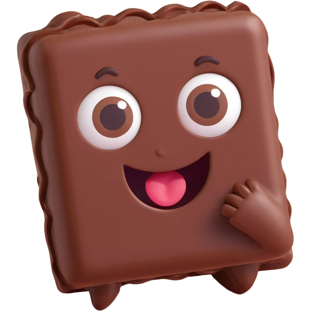 Rectangular chocolate mini pastry, slightly tilted, squished chocolate, crazy wide eyes, open mouth, text above: "ПАСТИЧКА", chibi style, Twitch emoji style, transparent background, colorful emoji