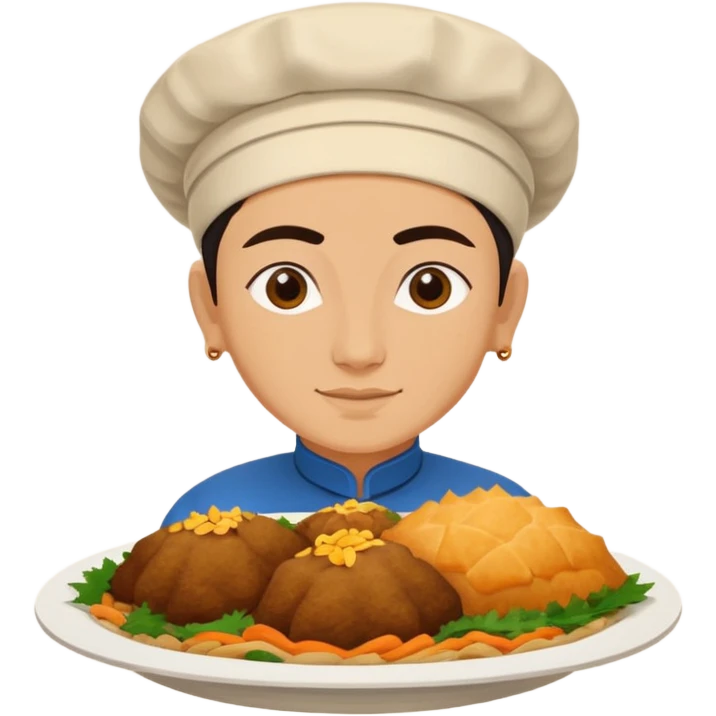 Uzbek cuisine humanless avatar in bright illustration. Classic dishes like plov and samsa, warm golden and earthy tones, simple shapes, flat design, high contrast, friendly and appetizing. emoji