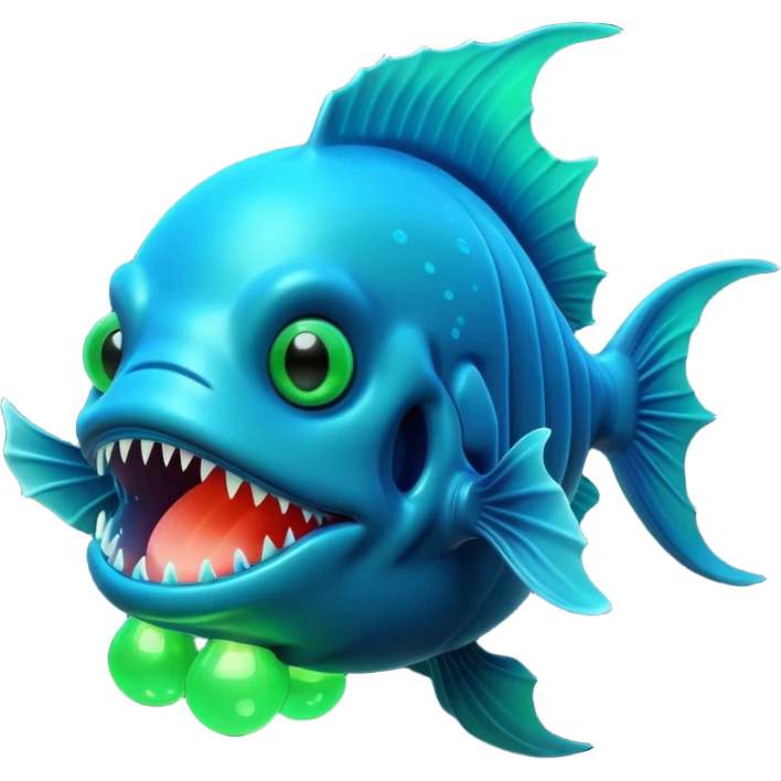 3D render of Anglerfish, bioluminescent deep sea style, glowing neon blue and green lights, dark background to contrast the glow, translucent organic textures, Apple emoji style. emoji