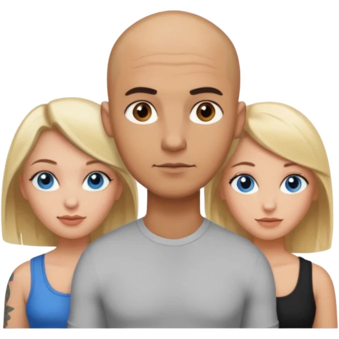 tattooed completely bbald brown eyed male with blonde haired blue eyed big boob female with brunette haired brown eyed big boob female throuple  emoji