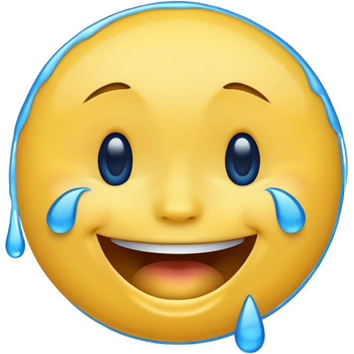 Emoji, yellow round laughing hysterically face, with blue tears of joy on it.  emoji