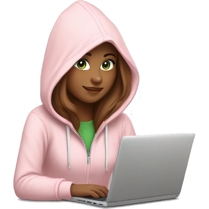 a girl with brown long hair, fair skin, green eyes, works relaxed and smiling at a modern laptop in a monochrome pale pink zip hoodie with a hood that is slightly pulled over her head emoji