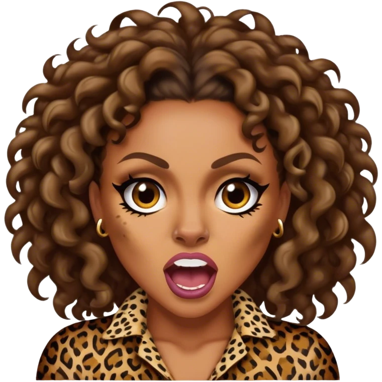 Melanie Brown with brown curls wearing leopard print and snarling￼ emoji