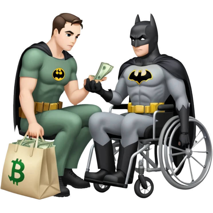 Batman kneeling down to man in wheelchair with bags of cash behind him emoji