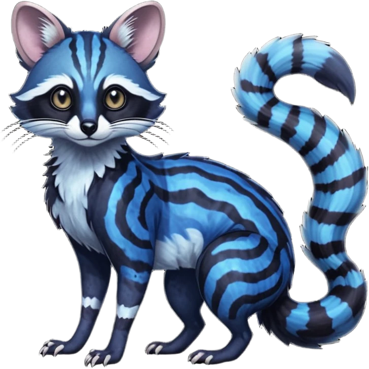 Feral Rare Fantasy iridescent scaly evil spooky vibrant dark shady shaded detailed deep-dark-cobalt-blue-gradients-colored colorful Genet-Trico-Cacomistle-Tanuki-Margay-species by LiLaiRa, with dark-blackish points, white belly, random markings, tufted tail, tufted ears, full body emoji