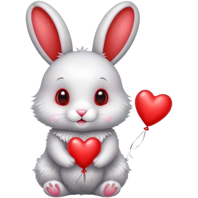White rabbit with gray ears and red metallic heart-shaped balloons emoji