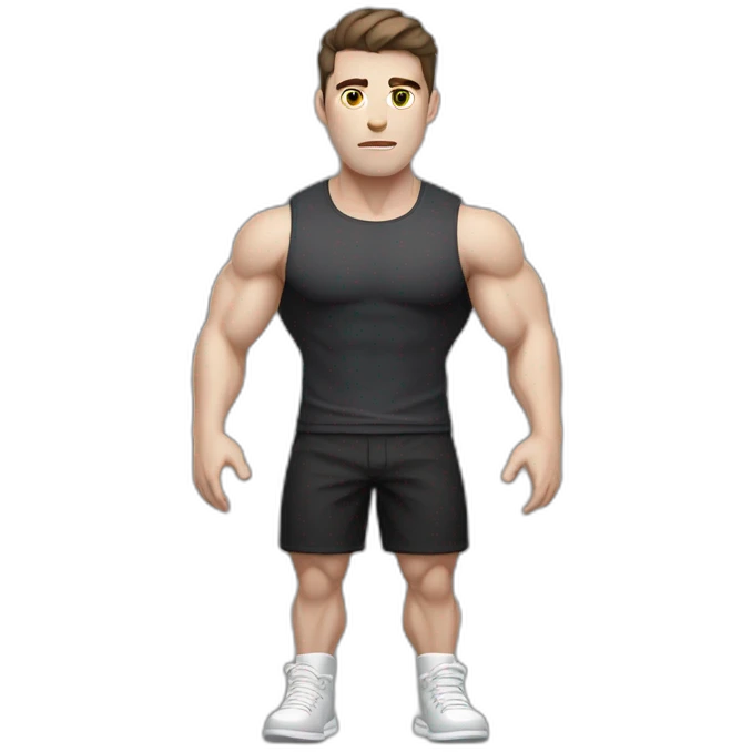 Confused Pale skinned Fit Man With the biceps and dark brown hair in black shirt, gray sports shorts and white Sneakers emoji