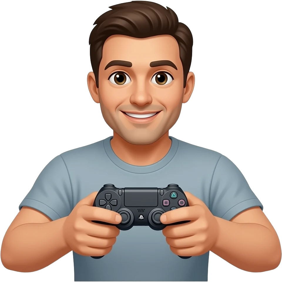 Man in home playing PlayStation emoji