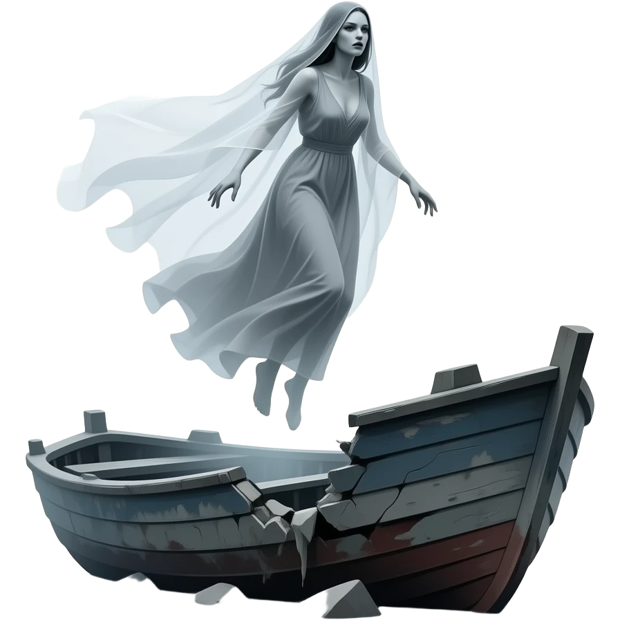 cinematic - a broken boat with a terrifying female apparition around which a transparent veil flutters emoji