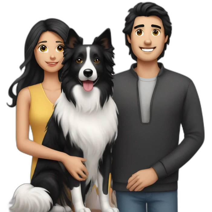 Family  man, long black hair woman and black border collie emoji