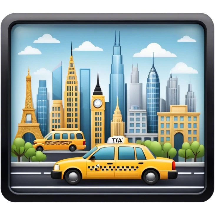 Icon for Urban Tourism: a skyline with iconic city landmarks, like skyscrapers, a subway and a taxi, with travel accessories like a camera and map. The icon should represent the excitement of exploring urban environments. Transparent background. emoji