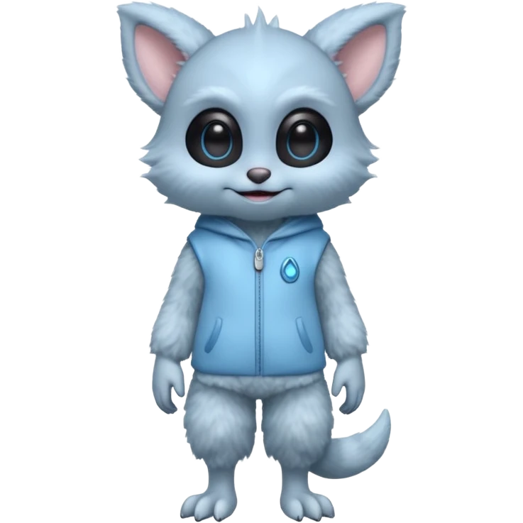 full body ...cute peacefull alien furry with 2 legs ....it has 1 eye....stands upright and looks intelligent ...wears clothing. is light grey and light blue..looks happy and cuddly... doesnt have eyes on face, there is a appendage coming from top of head with a single large eye emoji