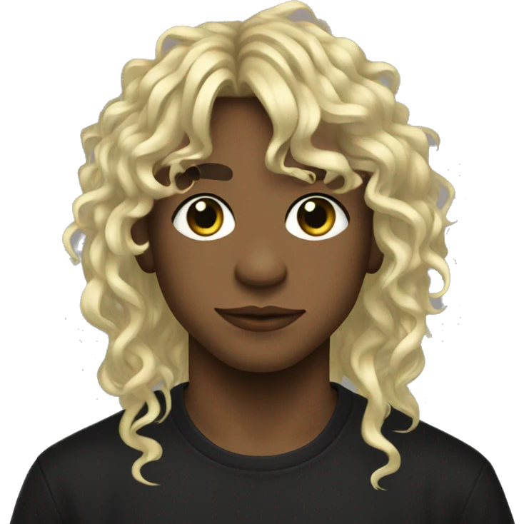 a boy with long curly blond hair with bangs,a bridge piercing and a side labret piercing. he’s wearing a black shirt with a frog emoji