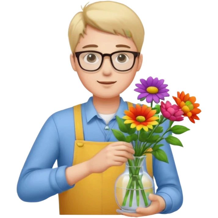 Young male florist – wearing glasses, arranging flowers in a vase. emoji