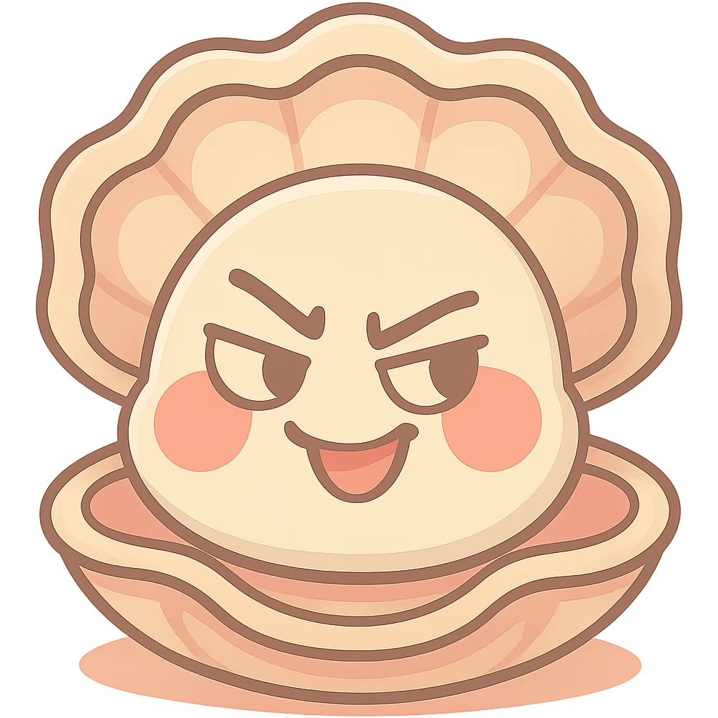 Enhance the cute oyster with more pastel toon details, accentuate the cream, peach and greige effect, add more depth to the shell, soften and brighten the red cheeks, keep the mischievous expression, maintain a transparent background. emoji
