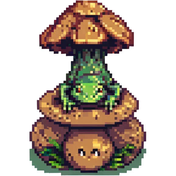 a sad frog in pixel art style, giant mushroom growing out of its back emoji