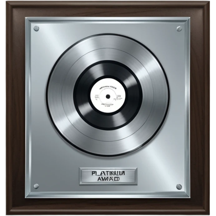 A platinum music award plaque: a square, polished platinum plate with a subtly textured, mirror-like finish, mounted on a simple dark wood base. The center features a relief of a or stylized vinyl record in a slightly darker metallic tone.  emoji