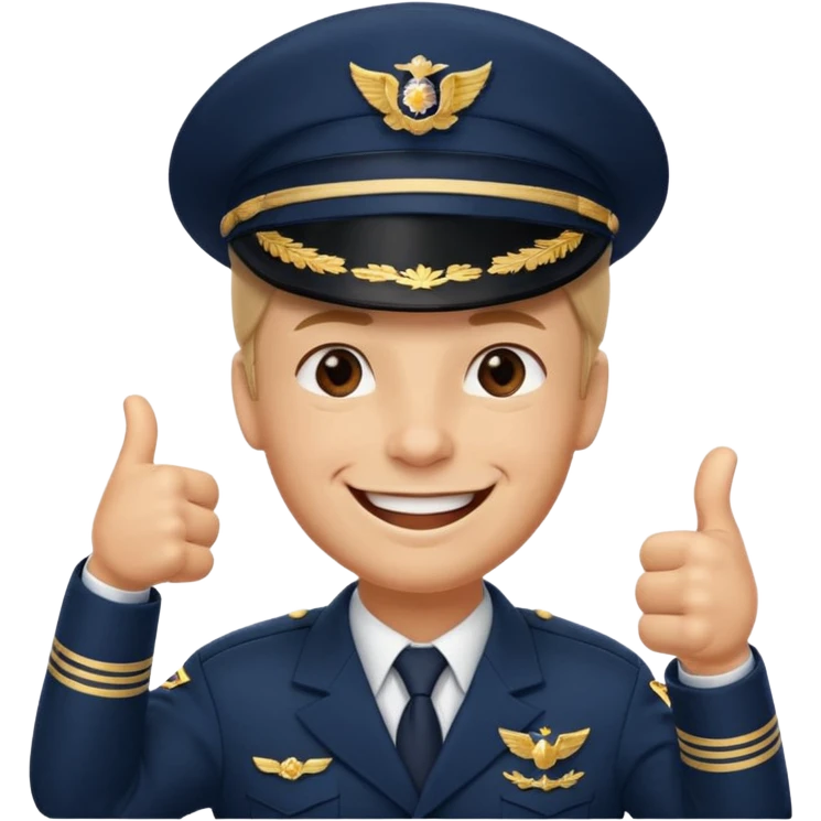 Slack-style emoji of a pilot wearing a slightly tilted navy captain hat, giving a thumbs-up, big cheerful smile, eyes closed or happy squint emoji