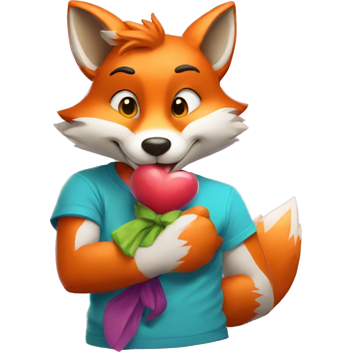 an anthropomorphic fox sending a kiss. The fox is wearing a colorful T-shirt and has a cheerful expression on his face. emoji