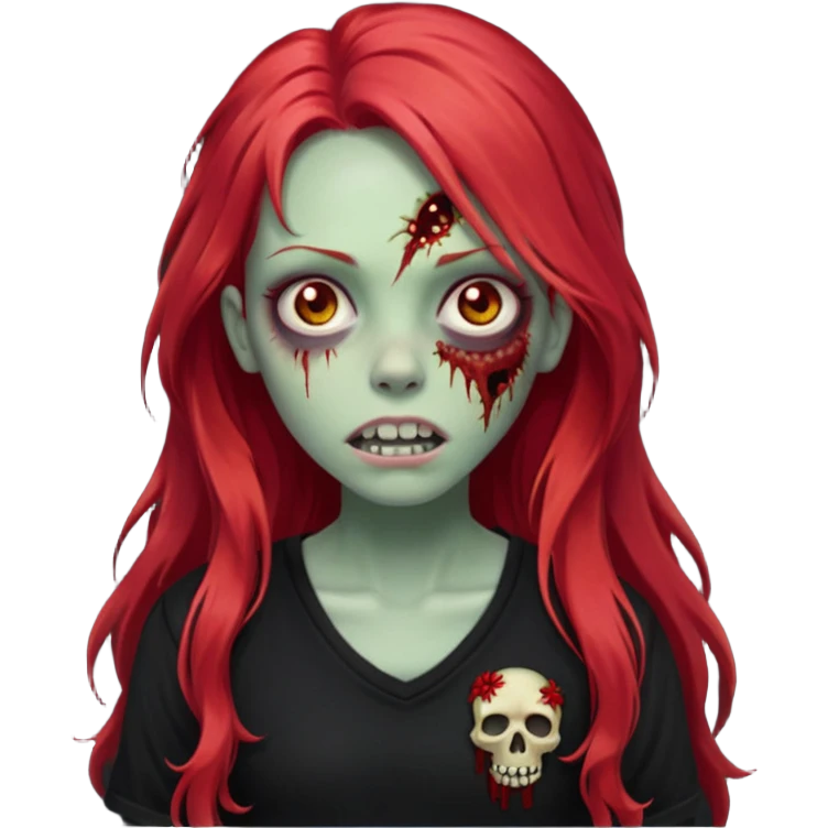 zombie girl with long red hair with black shirt that says lei emoji