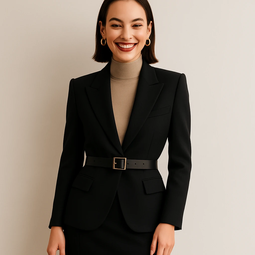 Make the woman smile while keeping her high-fashion look. Maintain thin eyebrows, straight dark hair, big lips, and a shapely figure. Preserve the overall elegance and style of the image. emoji
