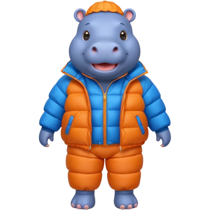 a full body of cute hippo with puffer clothes emoji