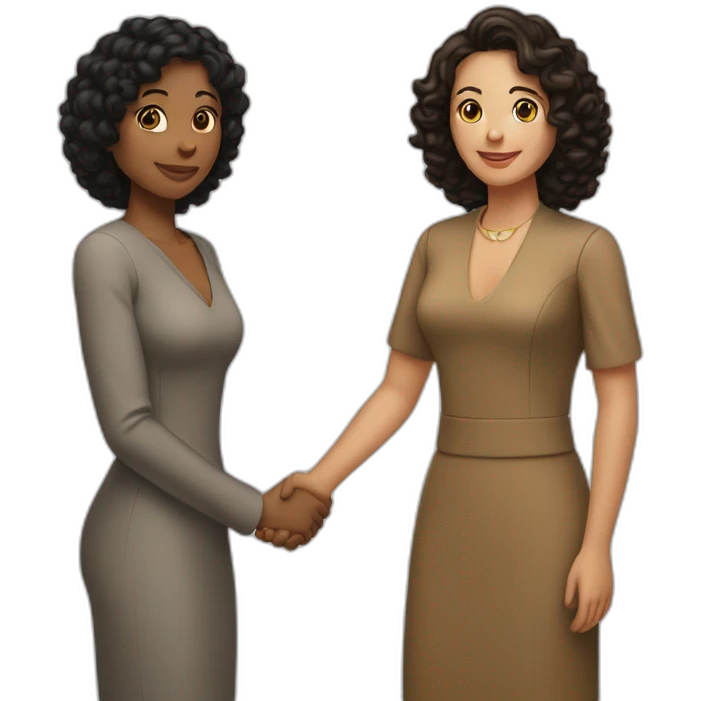 tan mid-sized woman with black curly hair shakes hands with a mid-sized pale woman with straight brown hair emoji