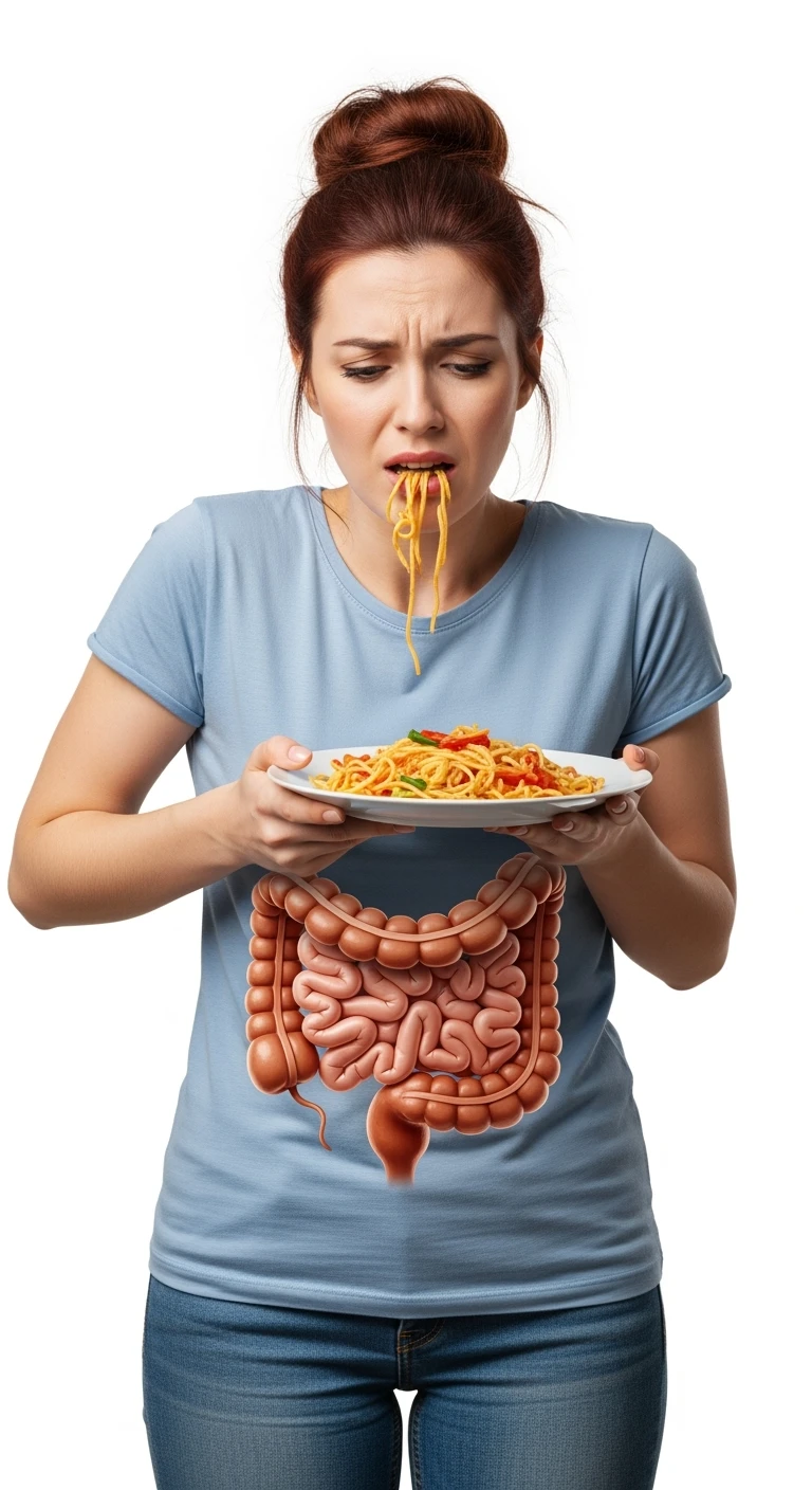 DONNA CHE TIENE UN PIATTO DI PASTA IN MANO MANGIATO PER METà, HA MAL DI PANCIA E INTESTINO UMANO ANATOMICO REALISTICO IN EVIDENZA, iperrealistico 4k, ISOLATA SU SFONDO BIANCO emoji