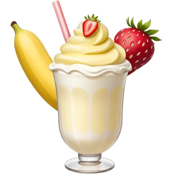 Milkshake vanilla with a banana sticking out of the milk shake it and two strawberries on both sides of the banana at the very tip of the banana, whipped cream and a smiley face one big banana coming out of milk shake emoji