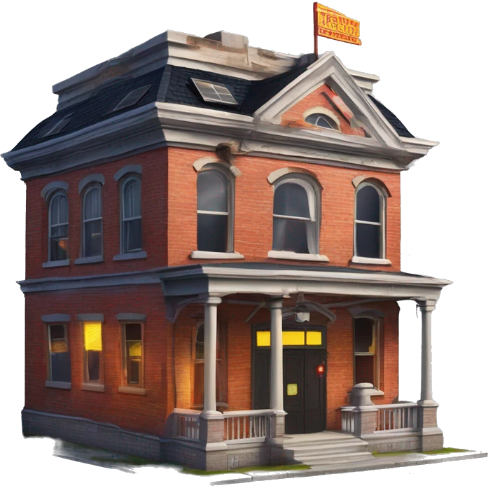 Very old dilapidated Firehouse building shaped like the Ghost Busters Firehouse with solar lights and decorative and detailed interior design with police tape to close it off  emoji