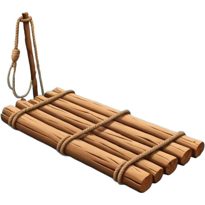 showing a simple wooden raft floating on calm blue water — made of several brown logs tied together with rope — gentle ripples around it — bright, cheerful lighting and soft shadows — minimalist, clean emoji design emoji