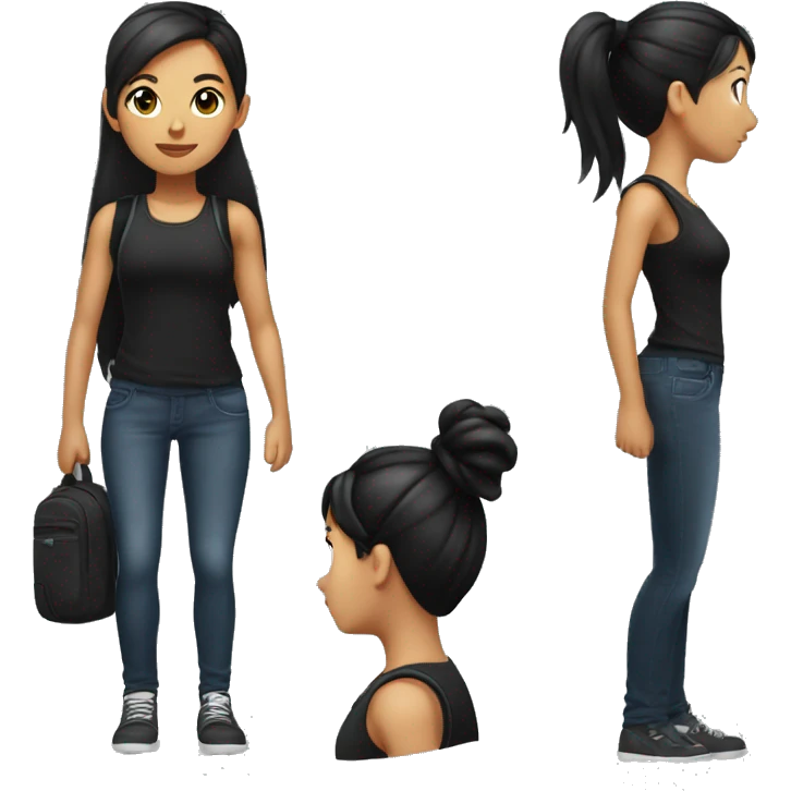 girl with black hair in a ponytail and a black jean and a black sleeveless shirt wearing a backpack emoji