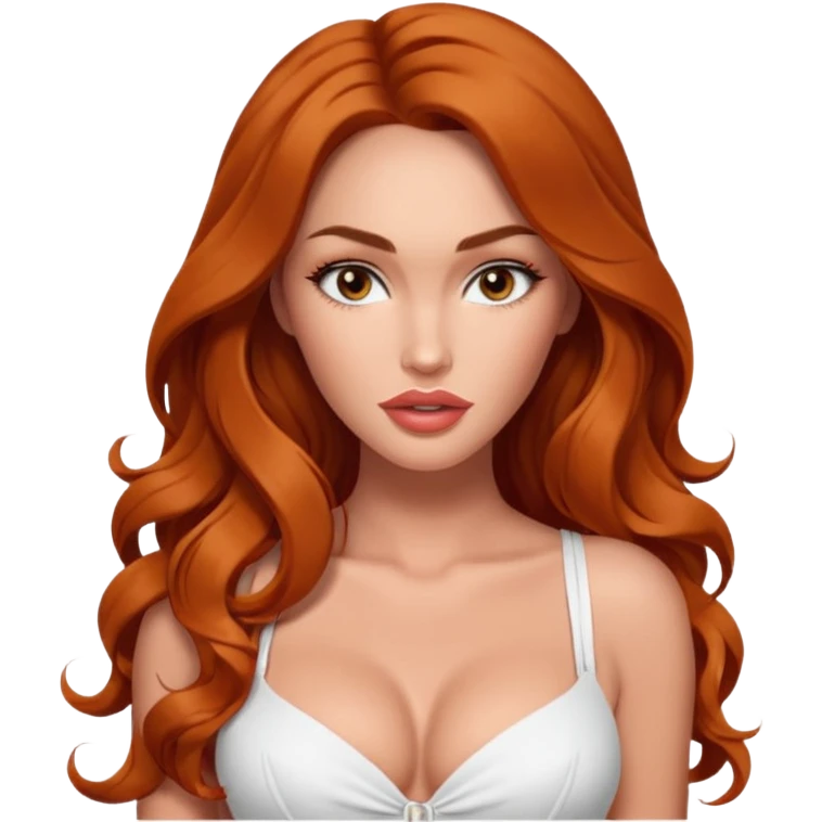 Megan fox, fashion model Beautiful woman model adult   large breasts  with monolid narrow eyes tan skin, full cupids bow lips  long curled ginger hair model white  top gorgeous  emoji