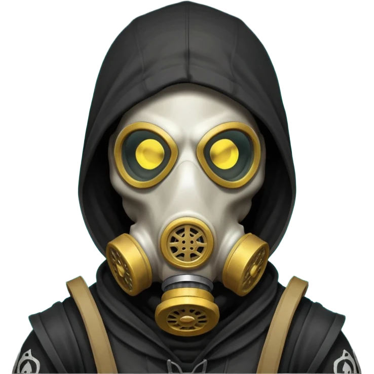 skeleton wearing a gas mask portrait, head and shoulders only, dark hood, glowing eyes inside mask, post-apocalyptic vibe, 3D cartoon, mobile game icon style, clean background, no text, no watermark
 emoji