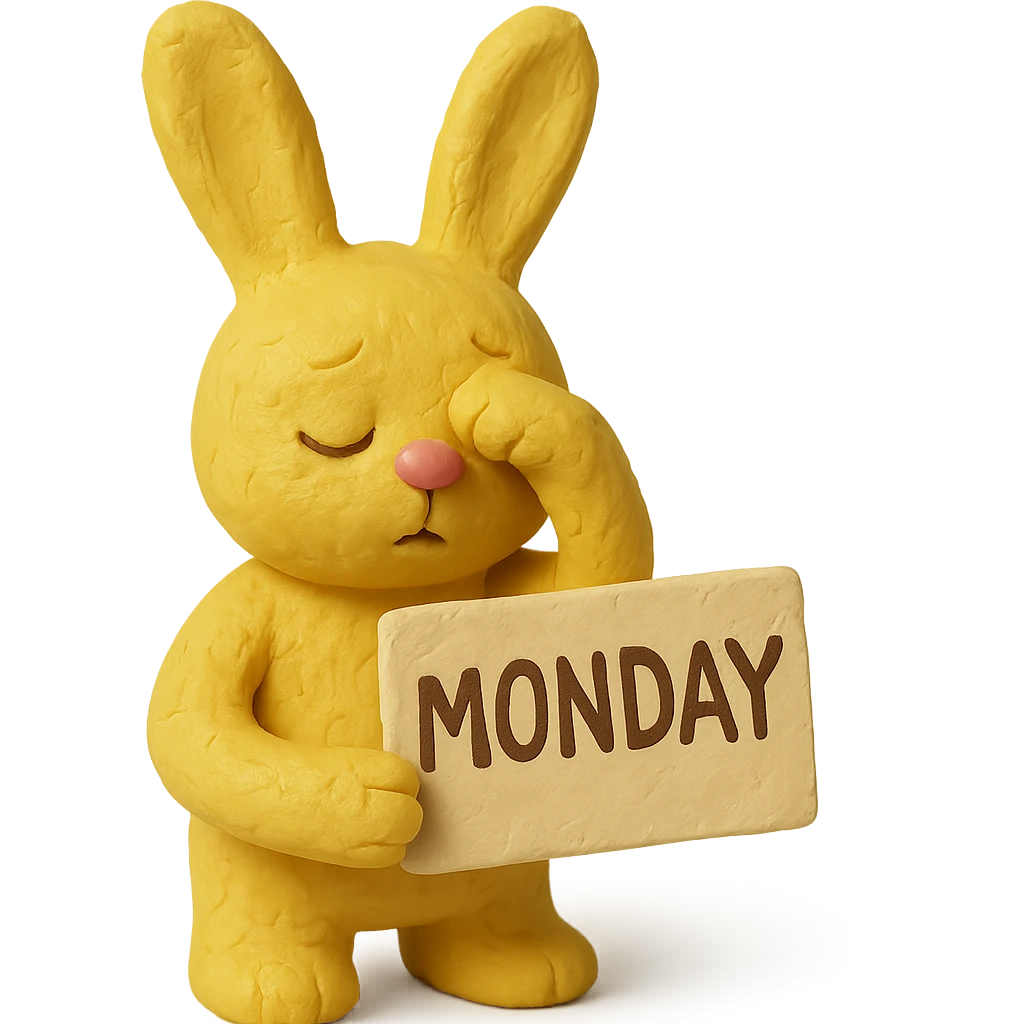 yellow bunny holding Monday memo while rubbing eyes, matte plasticine claymation style with visible fingerprints emoji