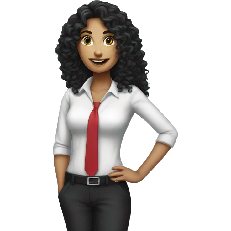 corporate woman, long black curly hair, with a phone emoji