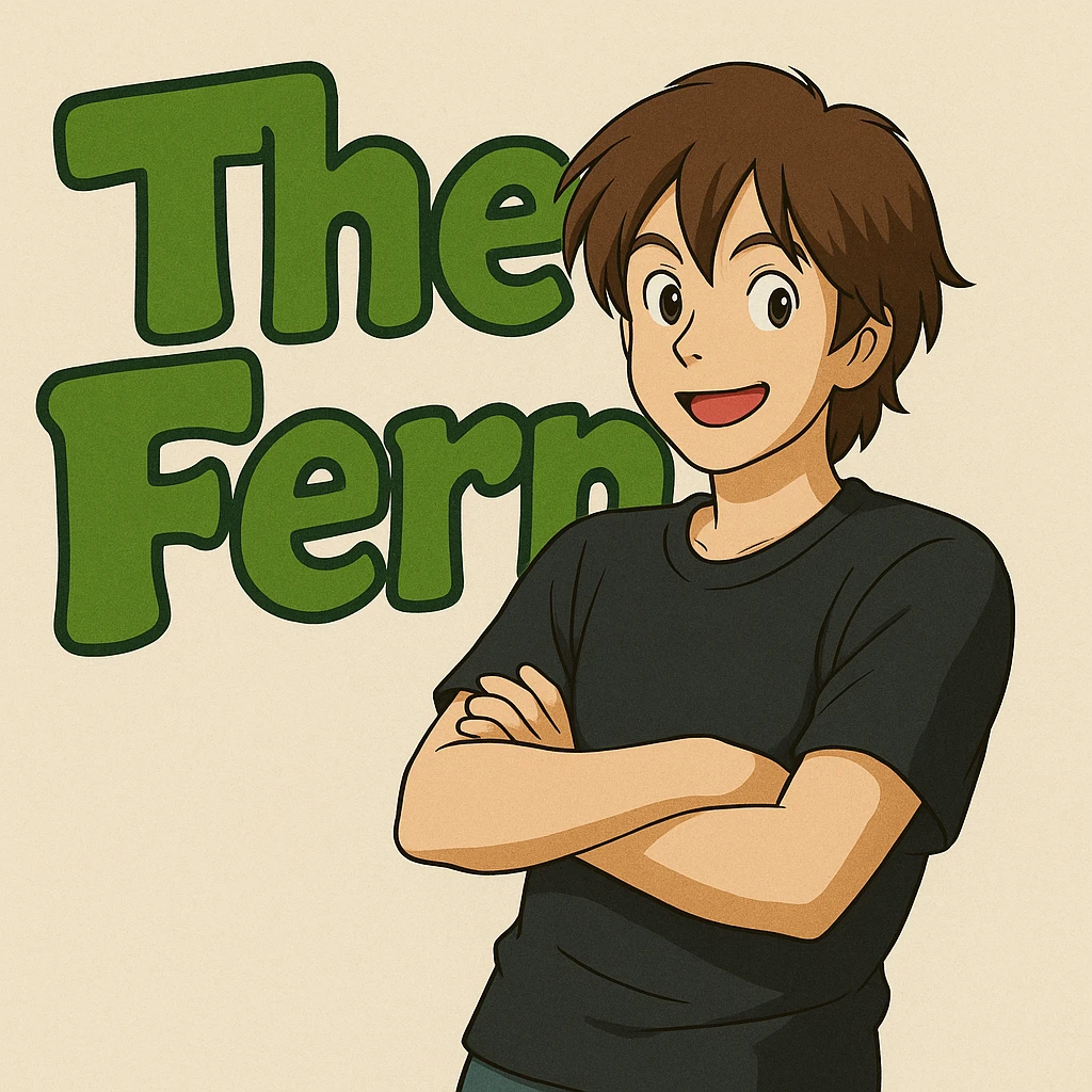 Brunette anime man leaning to the side with arms crossed, standing in front of green bubble letters that say 'The Fern'. He wears a black t-shirt, no jacket, medium-length brown hair, and has an expressive anime face. Maintain a playful, bold vibe in Ghibli style. emoji
