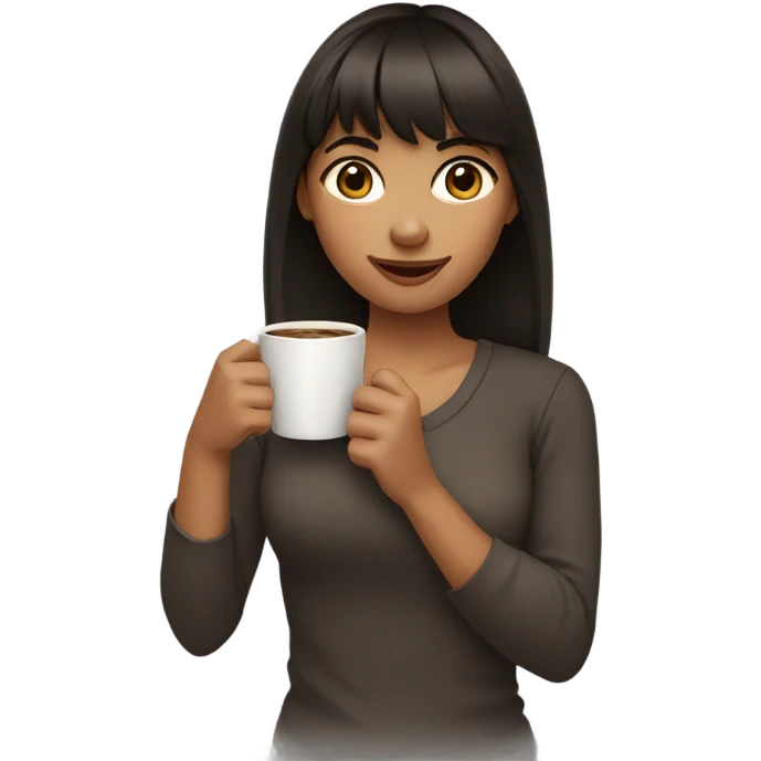 a girl with dark brown hair and bangs holds a cup of coffee in her hands emoji