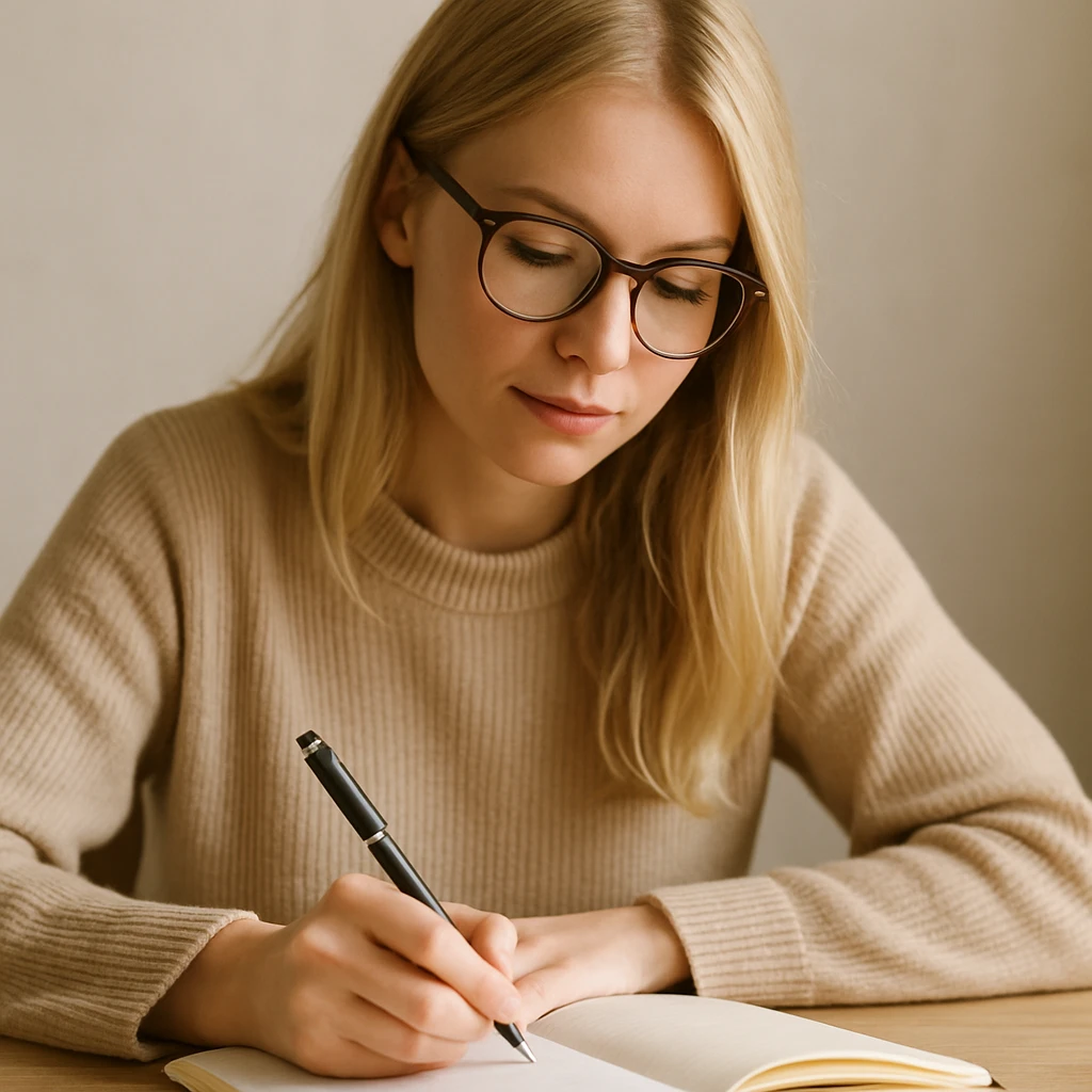 blonde woman wearing glasses, writing in a notebook emoji